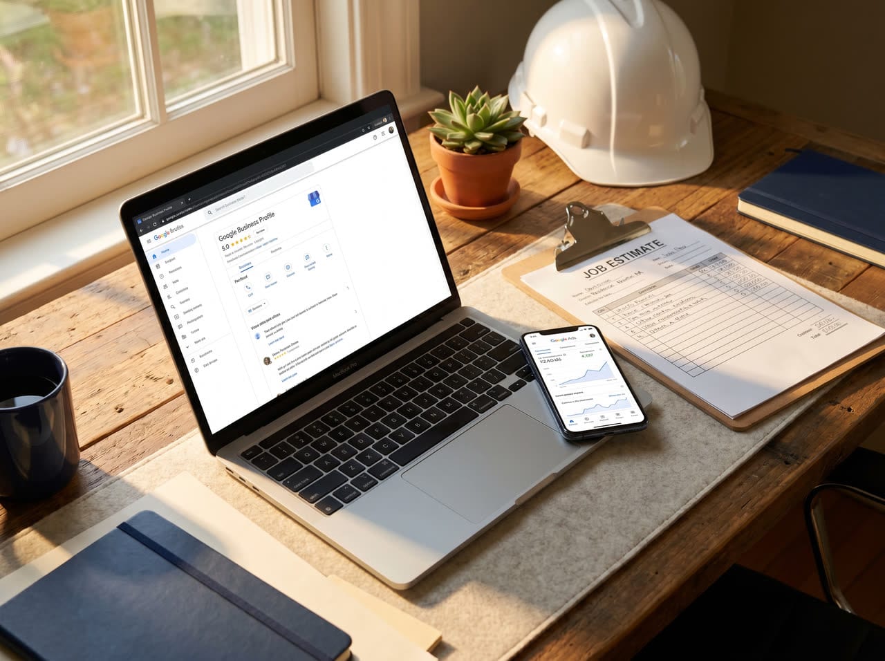 Mesa de empreiteiro: laptop com Perfil do Google de 5,0 estrelas, celular com campanha do Google Ads em alta, orçamento manuscrito numa prancheta e capacete branco ao fundo